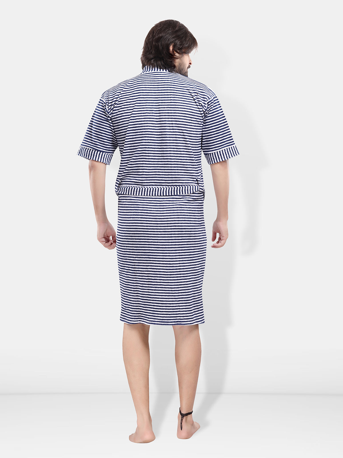 Navy Blue Striped Terry Cotton Bath Robe