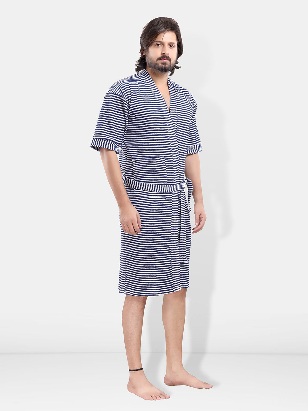 Navy Blue Striped Terry Cotton Bath Robe