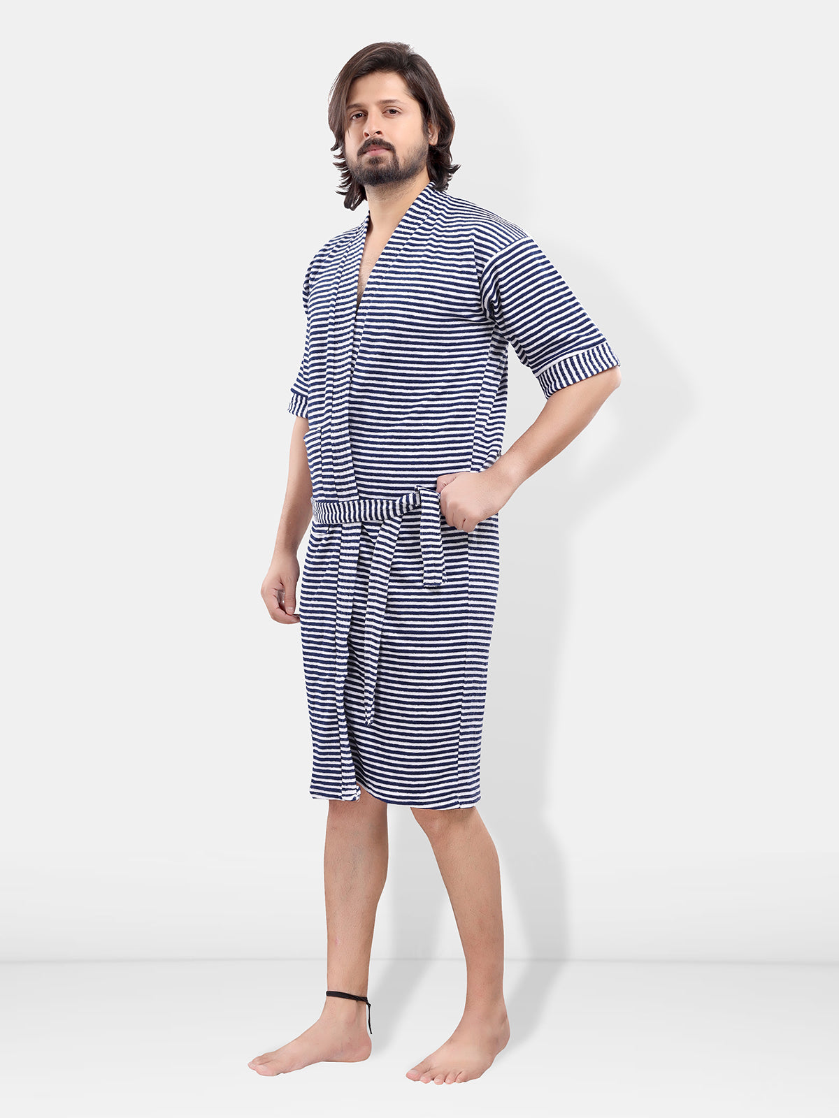 Navy Blue Striped Terry Cotton Bath Robe