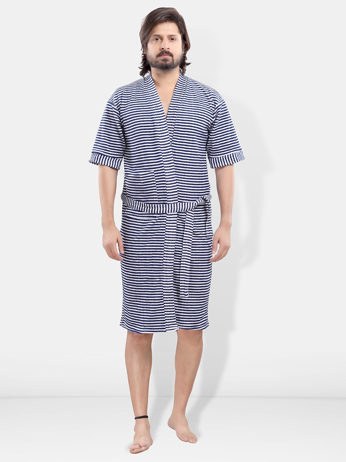 Navy Blue Striped Terry Cotton Bath Robe