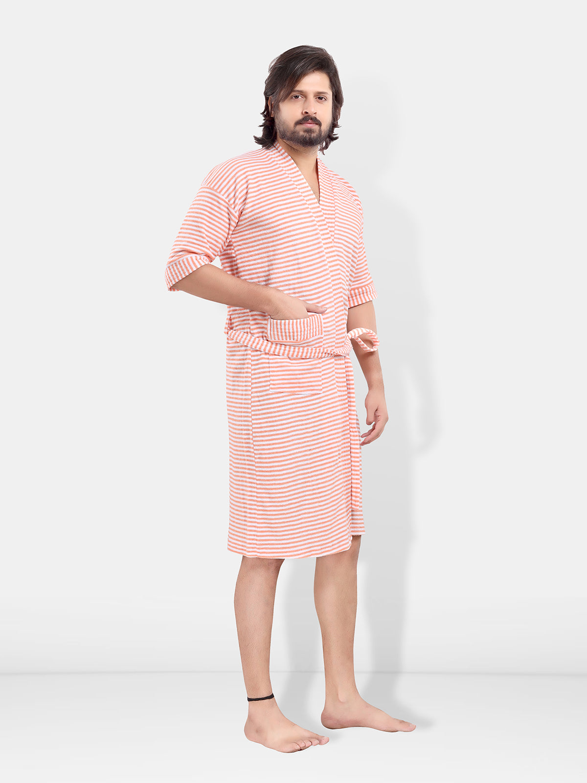 Peach Terry Cotton Striped Half Sleeves Pack of 1 Bath Gown for Men