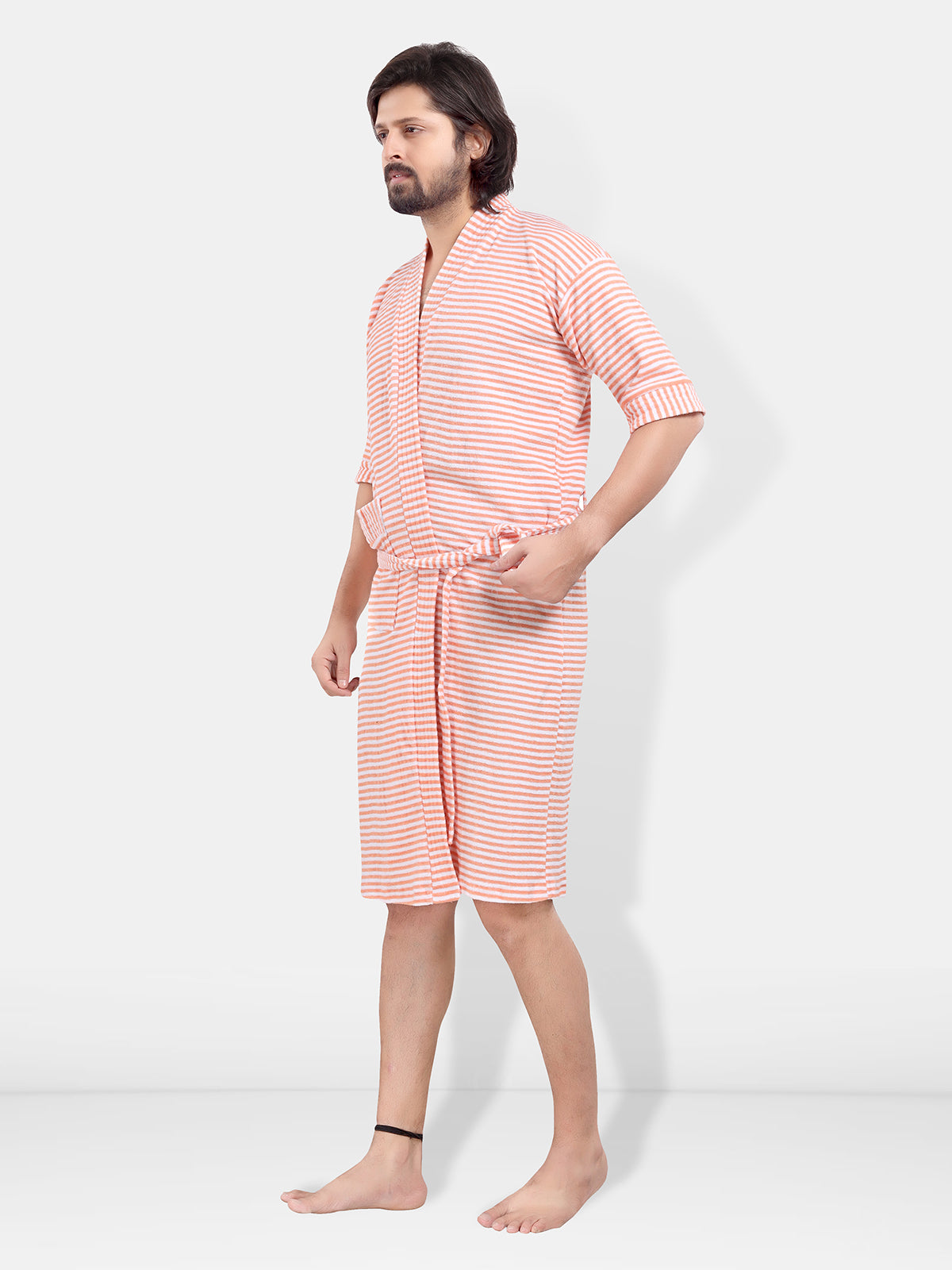 Peach Terry Cotton Striped Half Sleeves Pack of 1 Bath Gown for Men