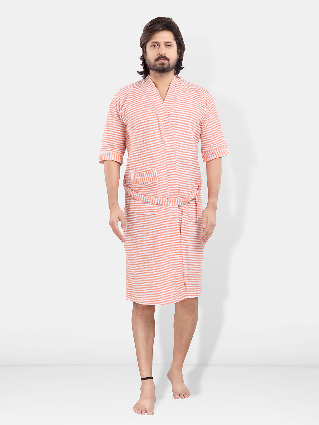 Peach Terry Cotton Striped Half Sleeves Pack of 1 Bath Gown for Men