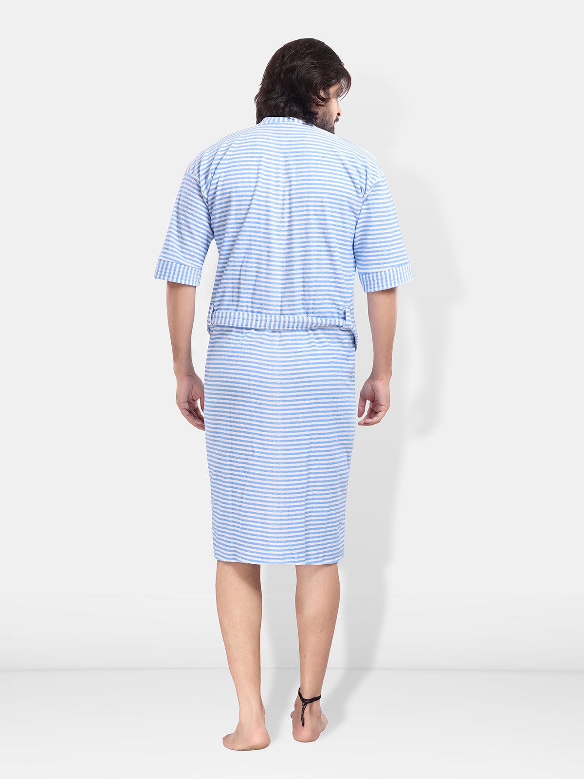 Sky Blue Terry Cotton Striped Bath Gown for Men Back