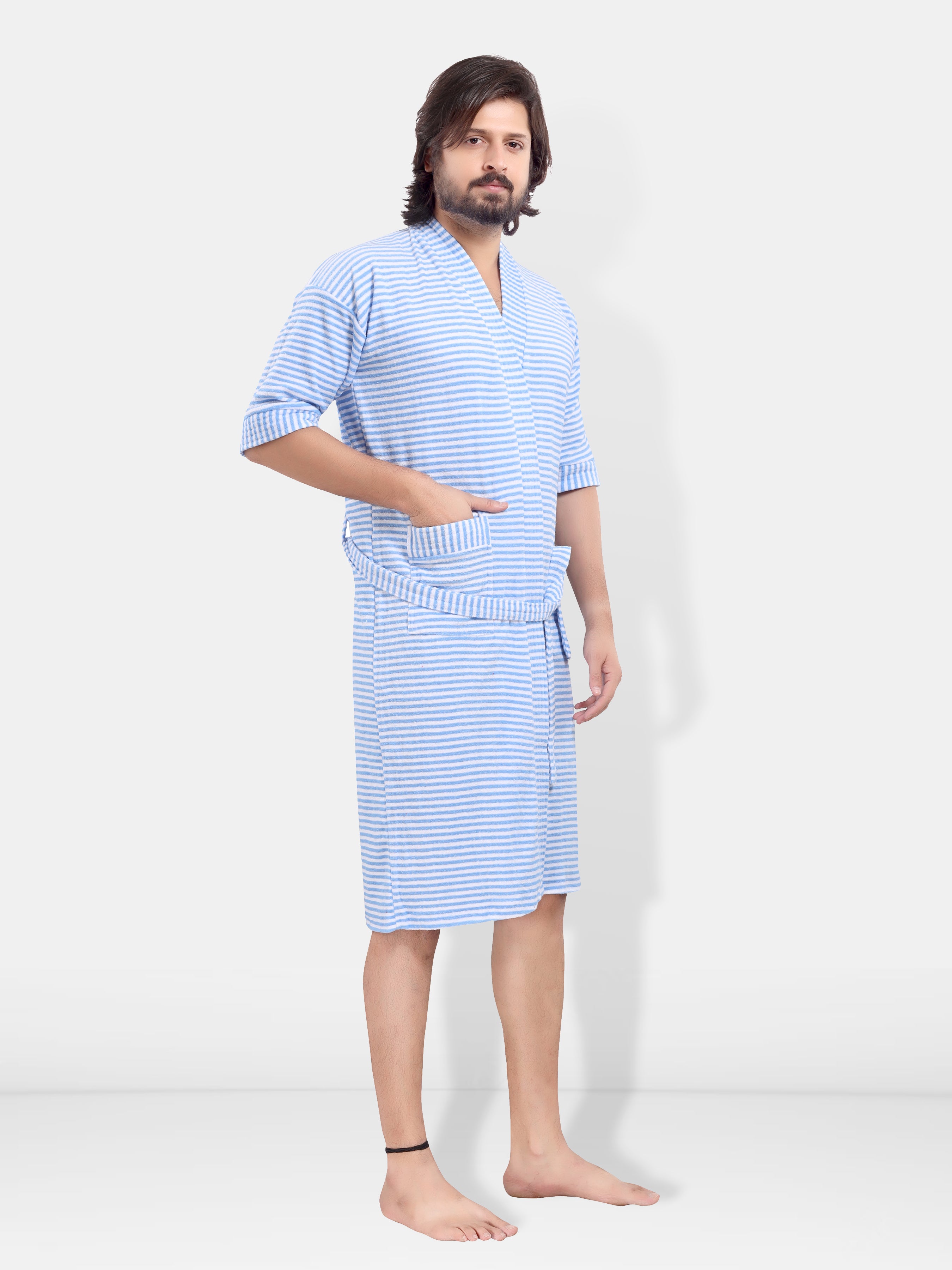 Sky Blue Terry Cotton Striped Bath Gown for Men Side