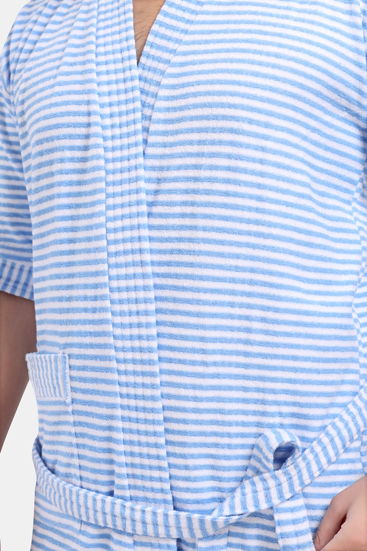 Sky Blue Terry Cotton Striped Bath Gown for Men Close View