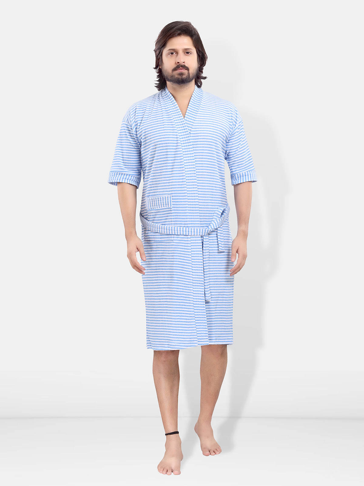 Sky Blue Terry Cotton Striped Bath Gown for Men Front