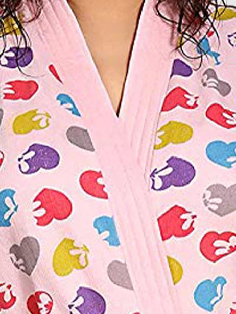 Pink Terry Cotton Hearts Print Half Sleeves Pack of 1 Bath Robe for Kids Close View