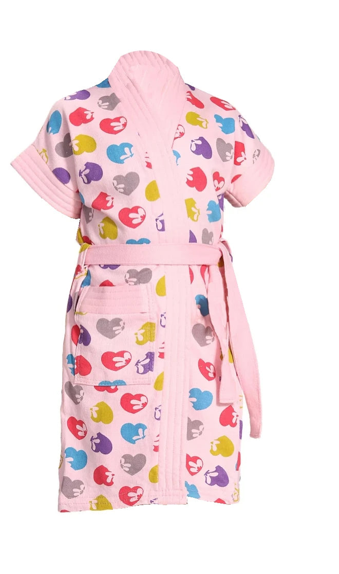 Pink Terry Cotton Hearts Print Half Sleeves Pack of Bath Robe for Kids