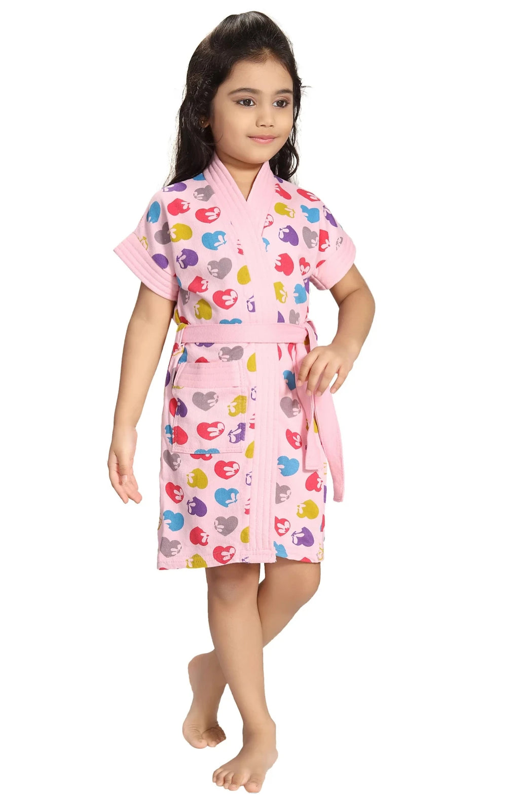 Pink Terry Cotton Hearts Print Half Sleeves Pack of 1 Bath Robe 