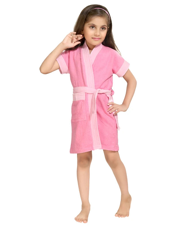 Pink Terry Cotton Two-tone Half Sleeves Bath Gown for KID