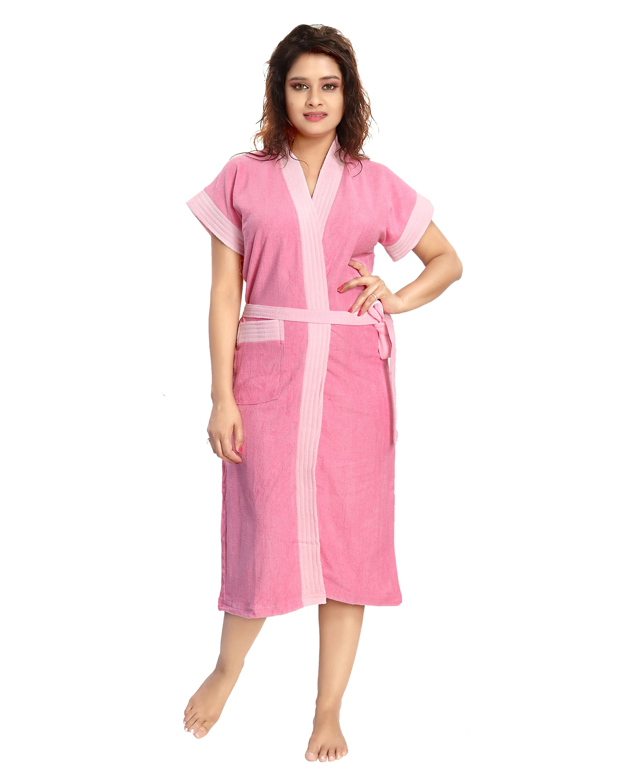 Pink Terry Cotton Two-tone Half Sleeves Bath Gown for Women