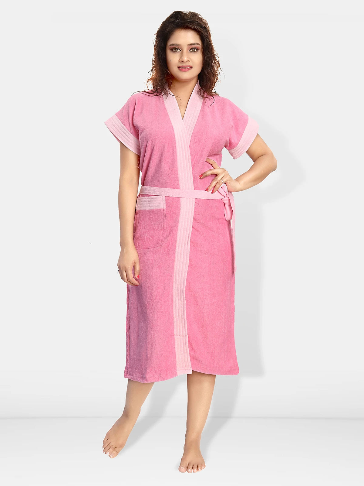 Pink Terry Cotton Two-tone Half Sleeves Bath Gown for Women Front View