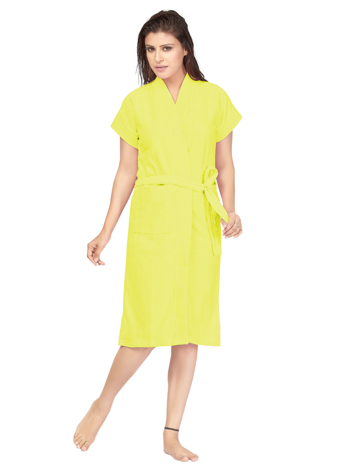 Yellow Terry Cotton Plain Half Sleeves Pack of 1 Bath Gown for Women