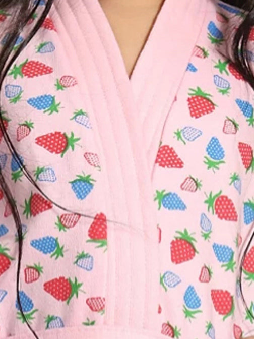 Terry Cotton Strawberry Print Half Sleeves Bath Robe for Kids Neck