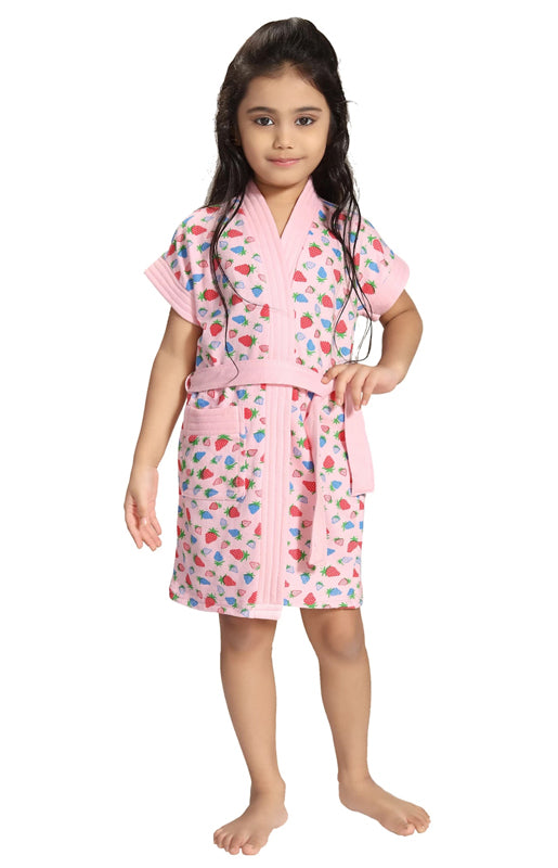 Terry Cotton Strawberry Print Half Sleeves Bath Robe for Kids Front