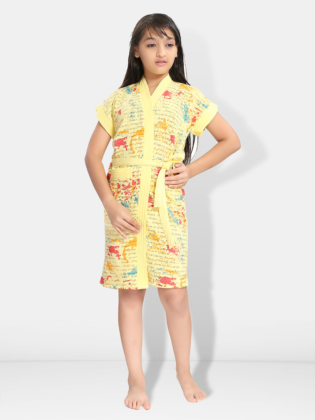 Yellow Letter Print Terry Cotton Bath Robe for Kids