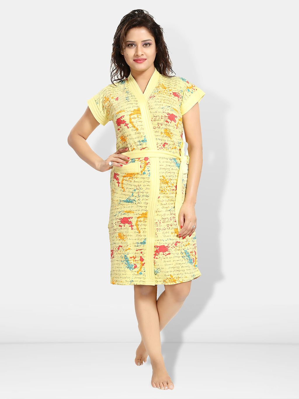 Yellow Letter Print Terry Cotton Bath Robe for Kids