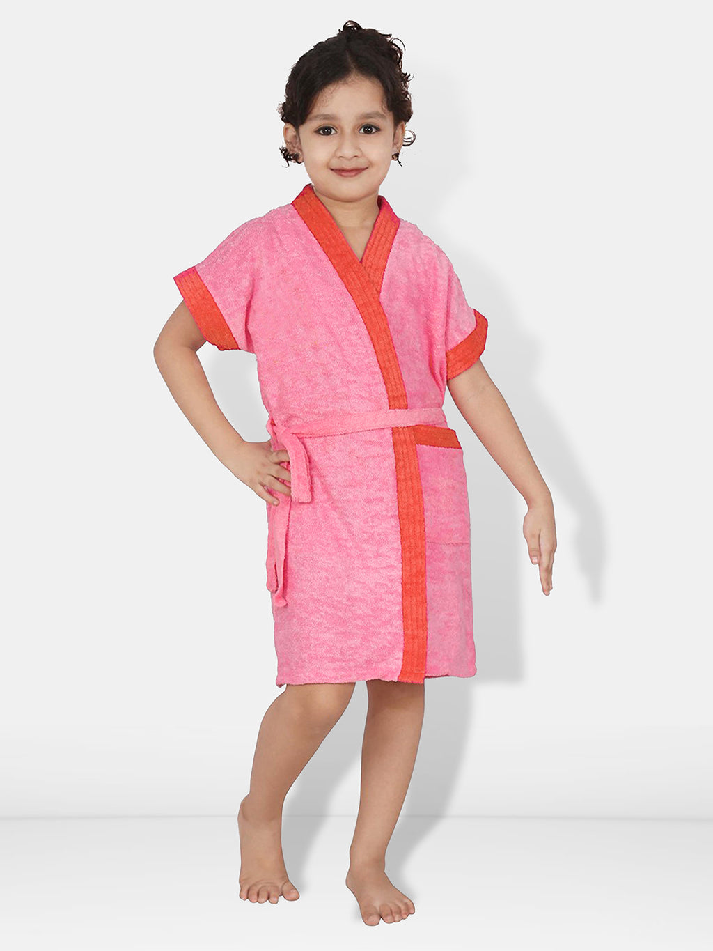 Pink Two-Tone Terry Cotton Half Sleeves Bath Robe for Boys & Girls