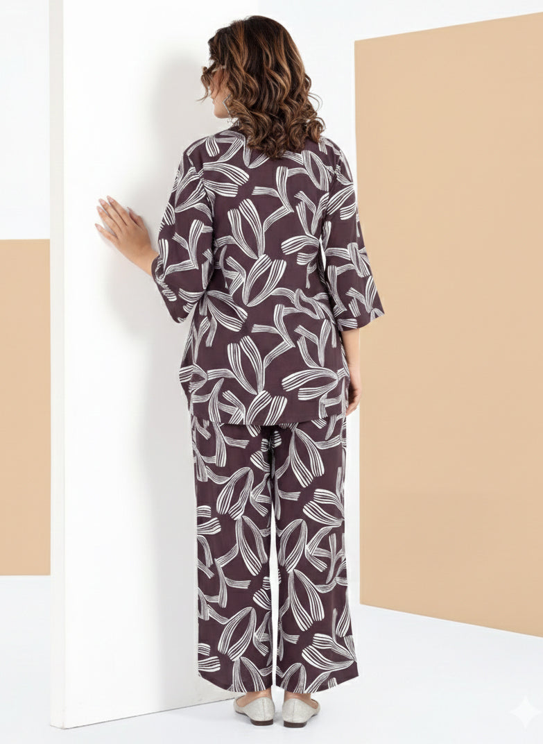 Rayon Abstract Leaf Print Top With Trousers Co-Ord Set For Women