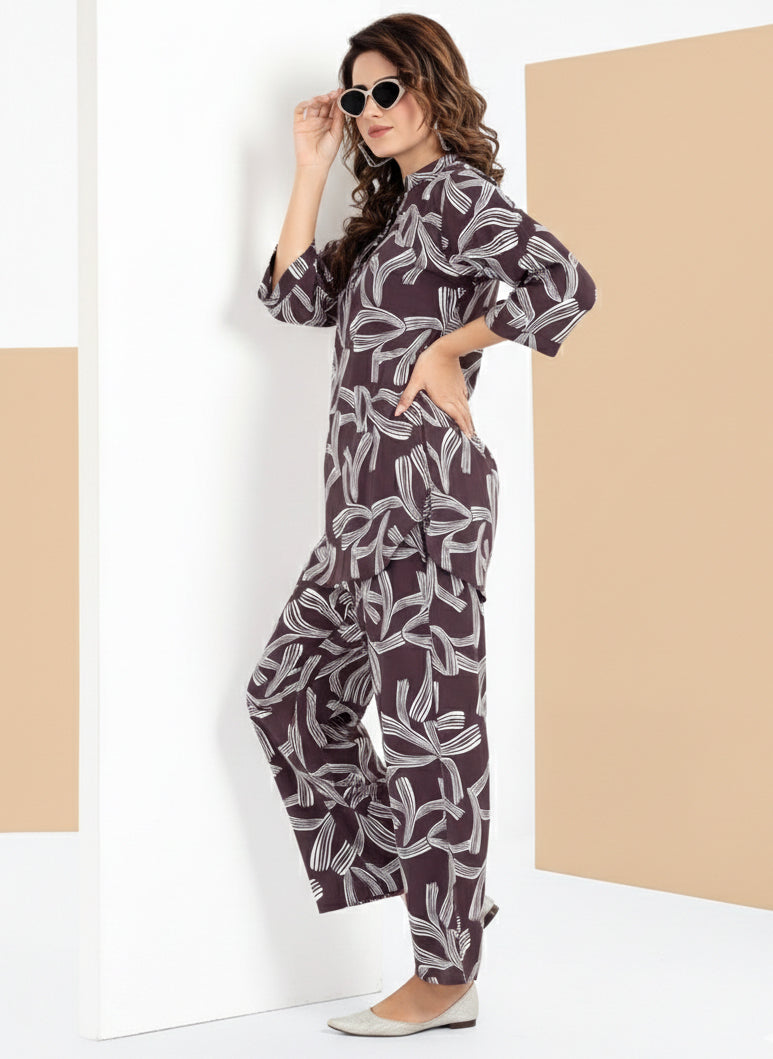 Rayon Abstract Leaf Print Top With Trousers Co-Ord Set For Women