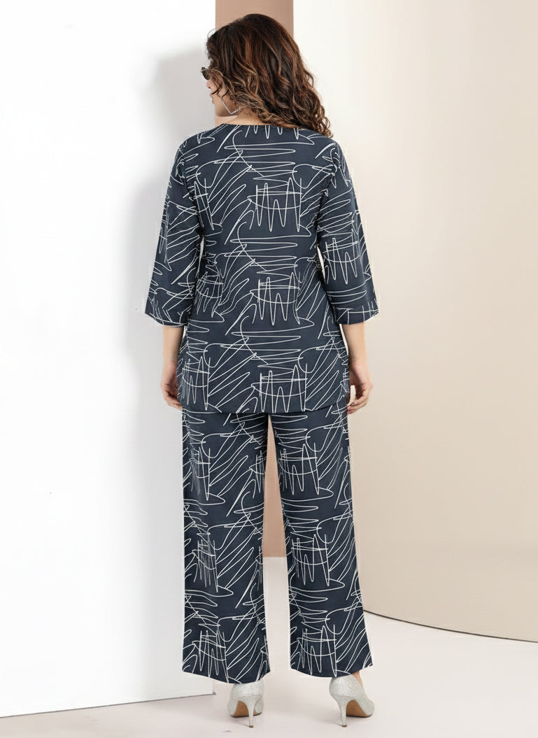 Rayon Abstract Leaf Print Top With Trousers Co-Ord Set For Women