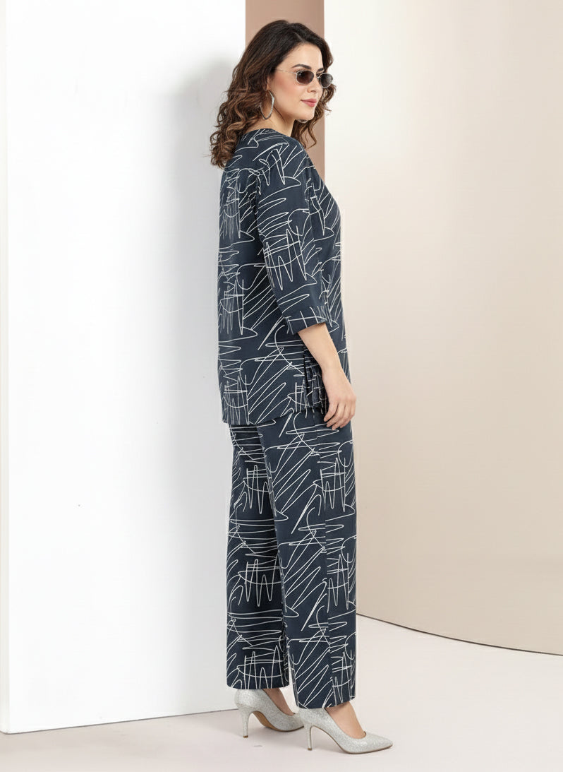 Rayon Abstract Leaf Print Top With Trousers Co-Ord Set For Women
