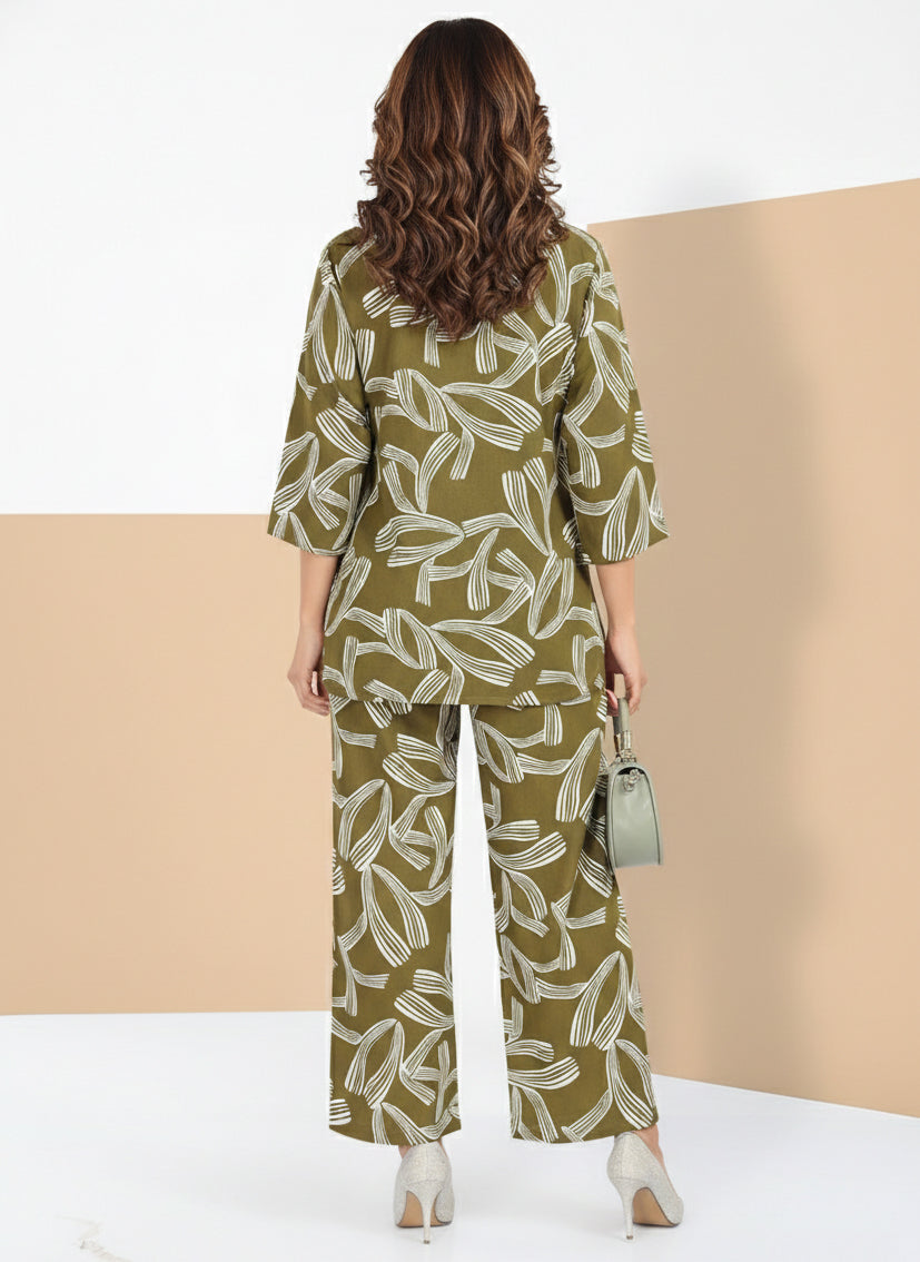 Rayon Abstract Leaf Print Top With Trousers Co-Ord Set For Women