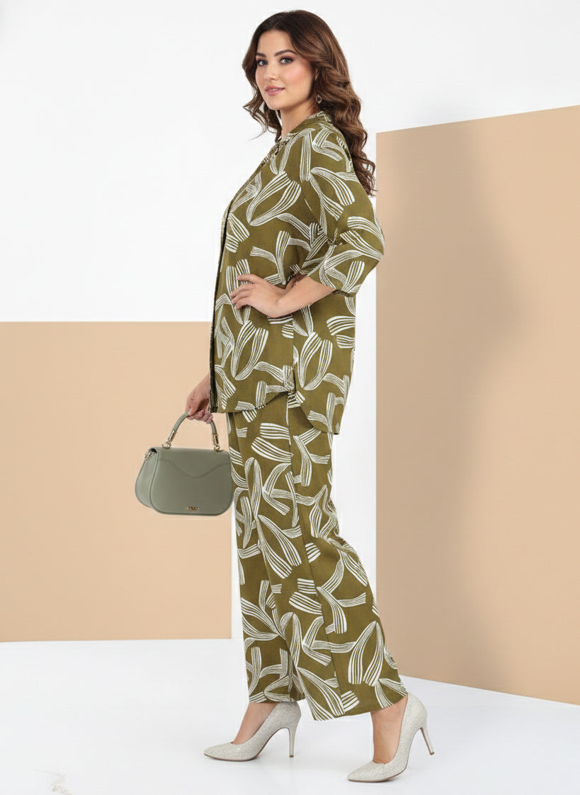 Rayon Abstract Leaf Print Top With Trousers Co-Ord Set For Women