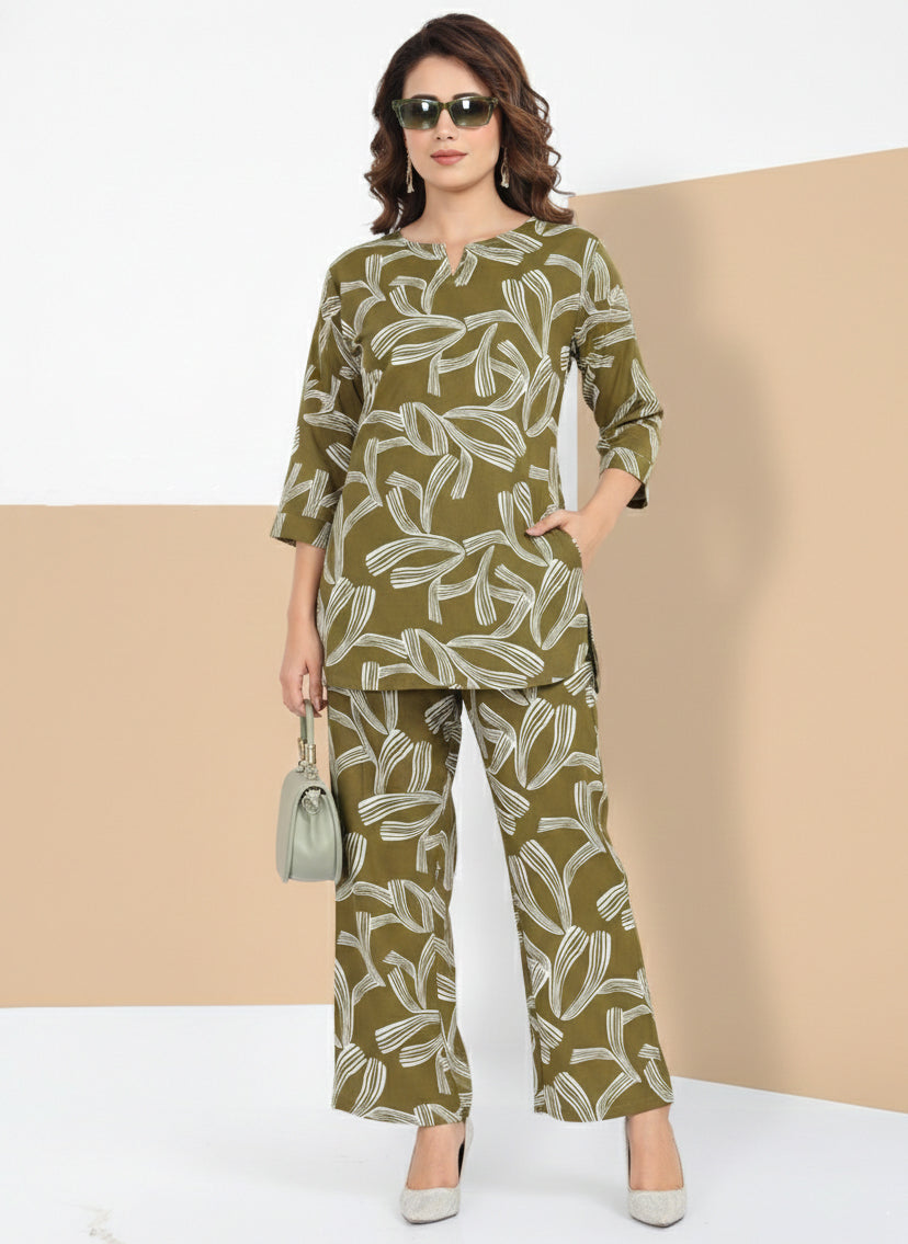 Rayon Abstract Leaf Print Top With Trousers Co-Ord Set For Women