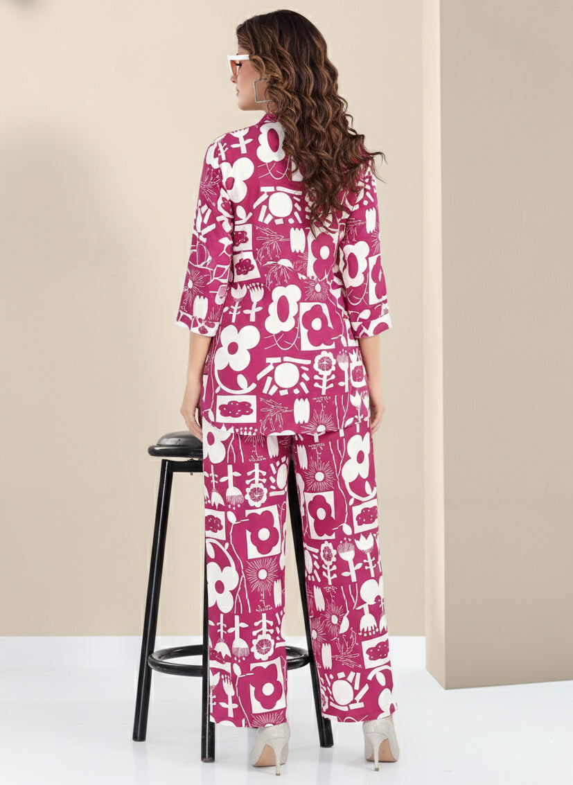 Rayon Abstract Leaf Print Top With Trousers Co-Ord Set For Women