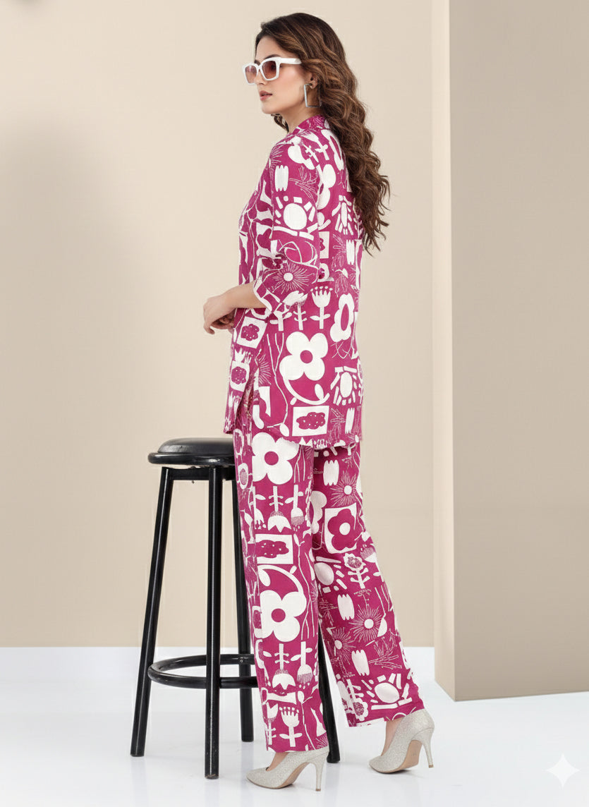 Rayon Abstract Leaf Print Top With Trousers Co-Ord Set For Women