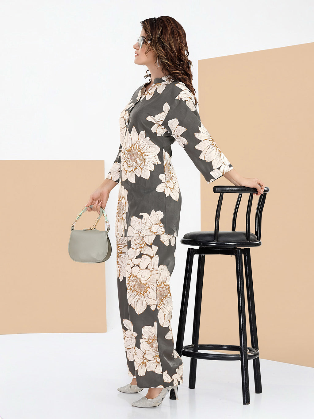 Rayon White Abstract Scribble Print Top With Trousers Co-Ord Set For Women