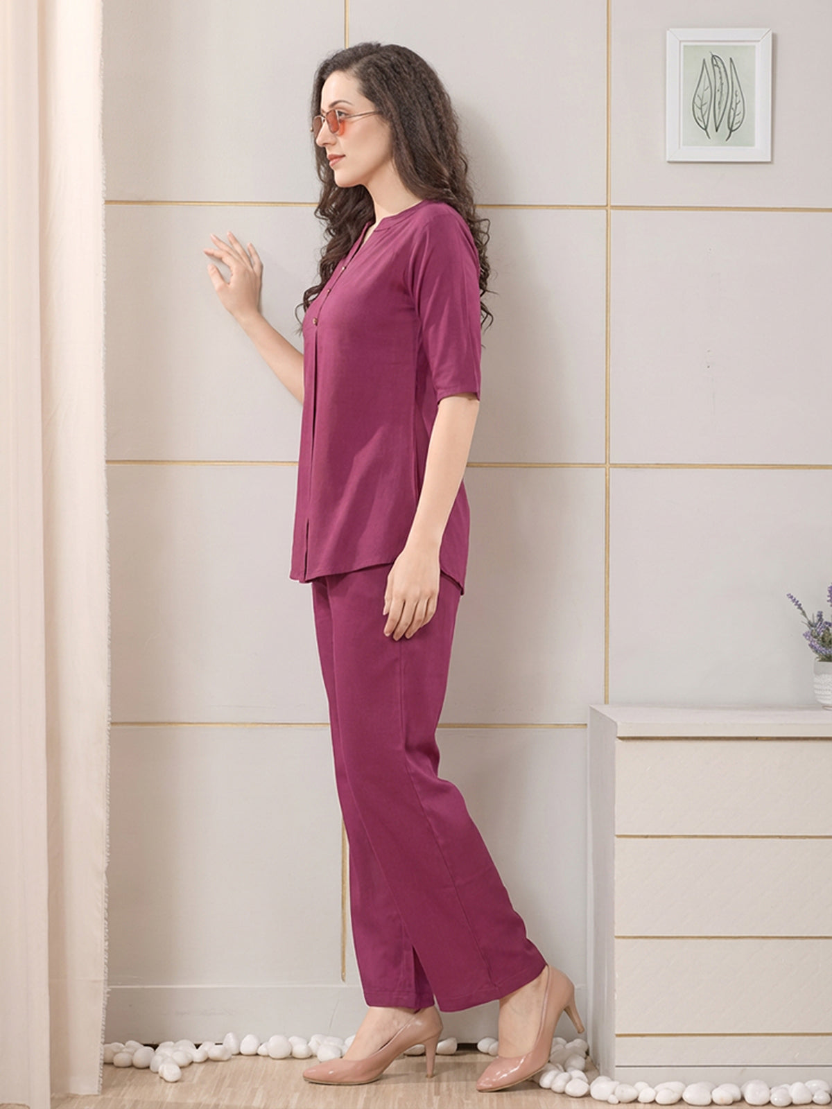 Sufiya Linen Solid Top With Trousers Co-Ord Set For Women