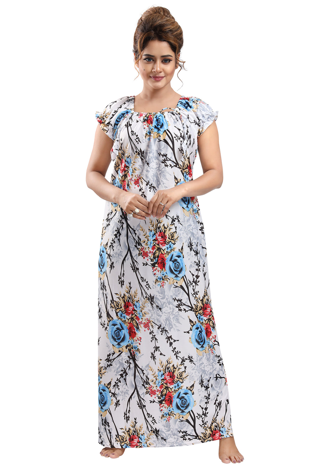 Botanical Print Satin Night Gown for Women