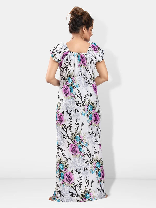 White purple floral nighty back view
