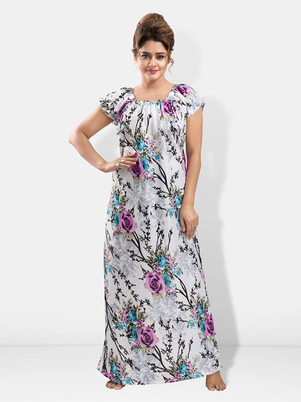 Women floral satin nighty front view
