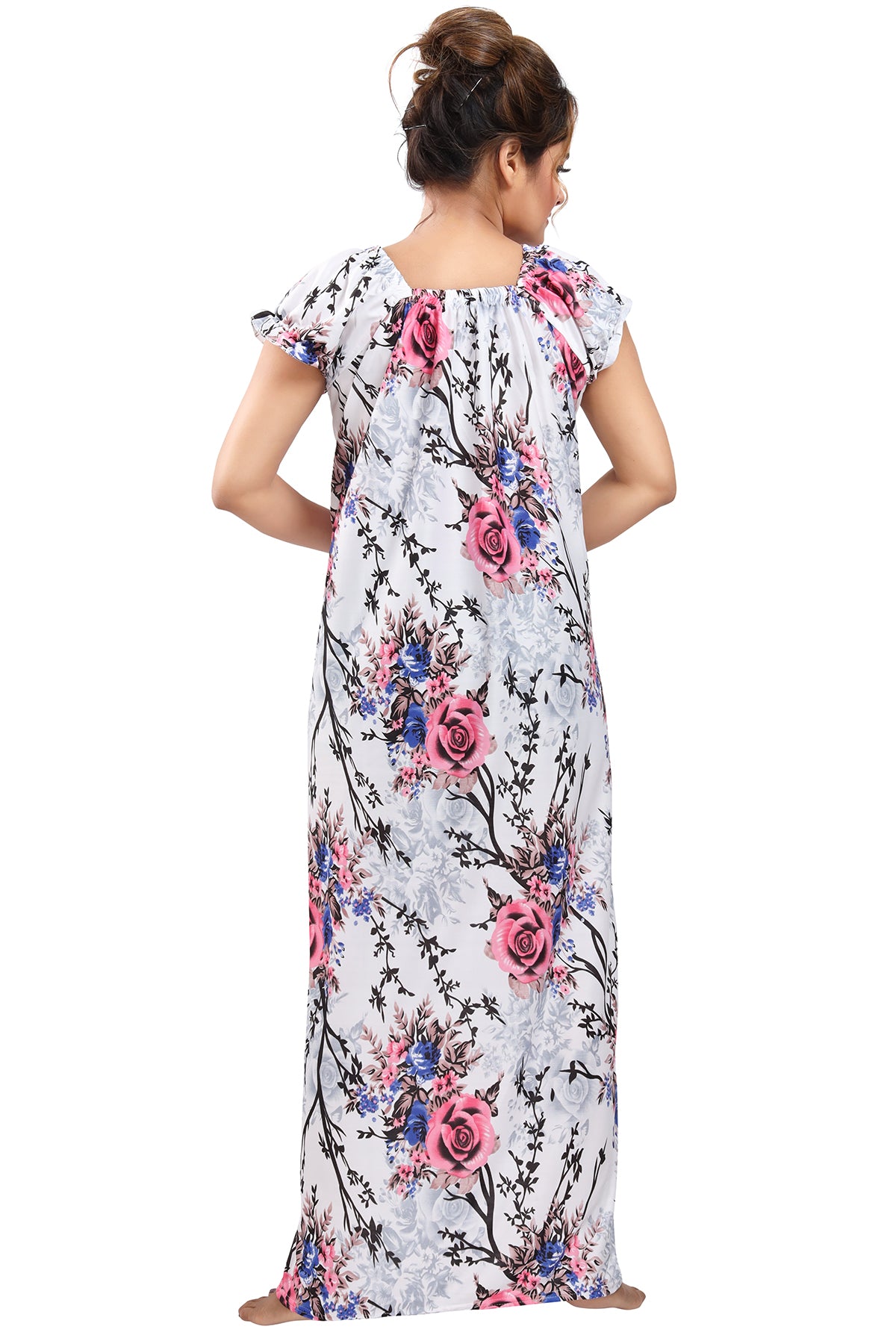 White Pink Sarina Satin Botanical Print Night Gown for Women