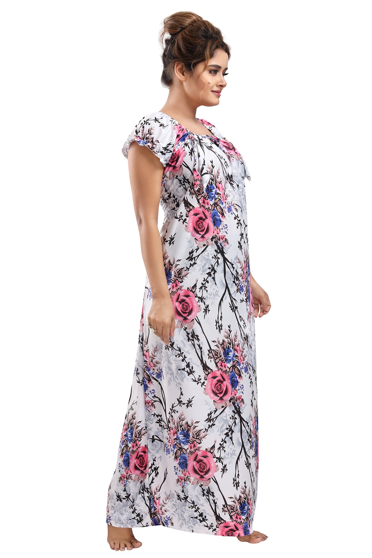White Pink Sarina Satin Botanical Print Night Gown for Women