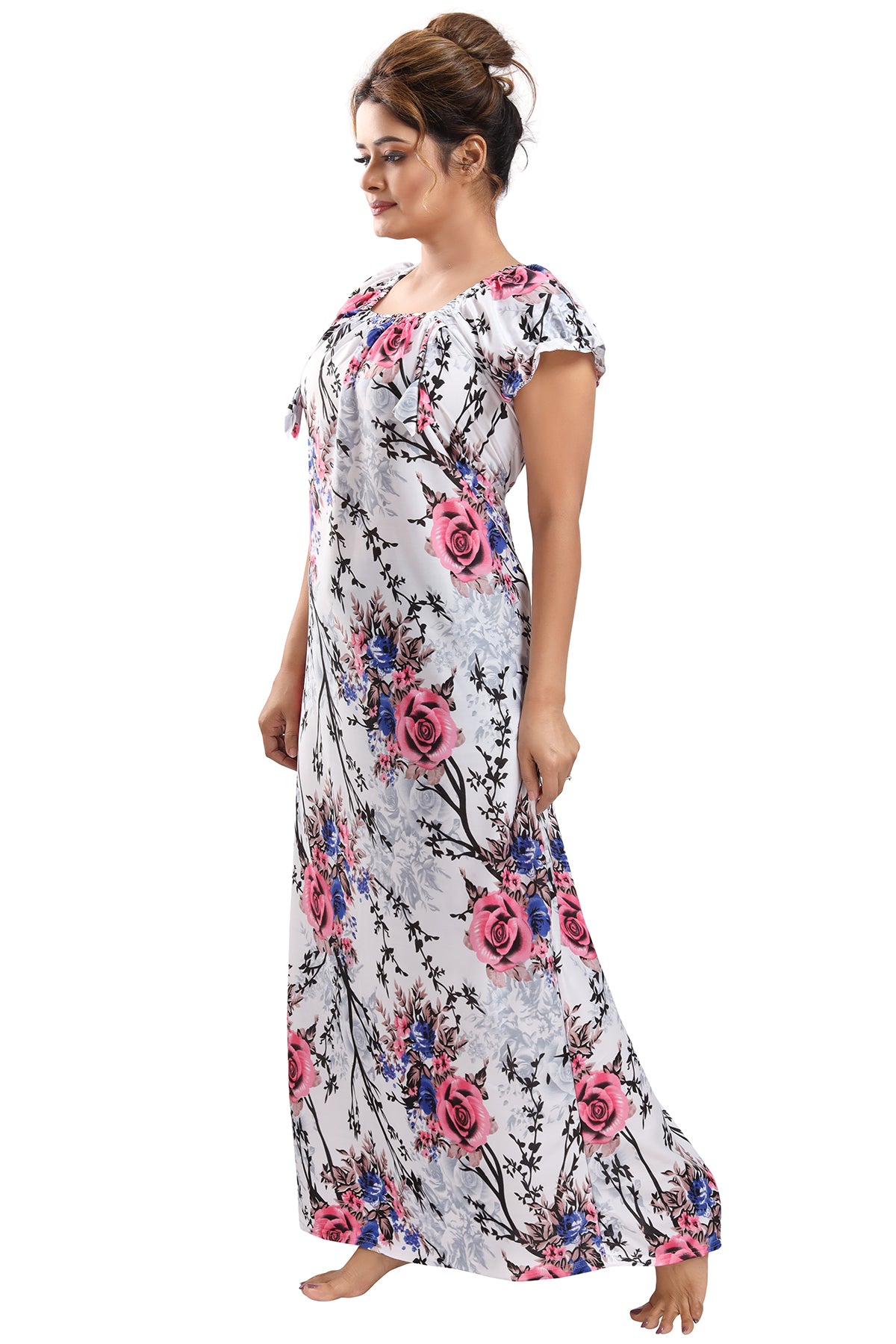 White Pink Sarina Satin Botanical Print Night Gown for Women