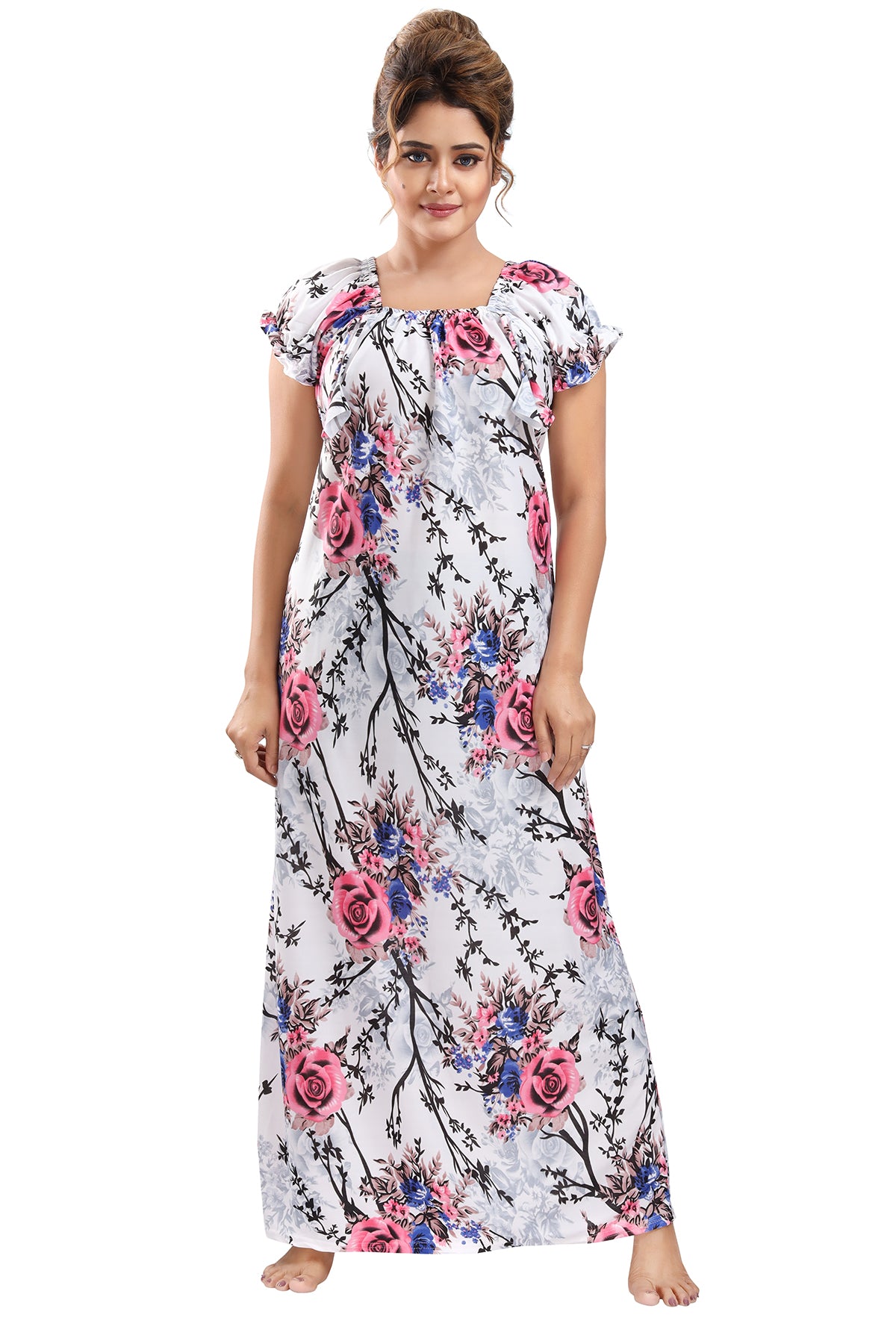 White Pink Sarina Satin Botanical Print Night Gown for Women