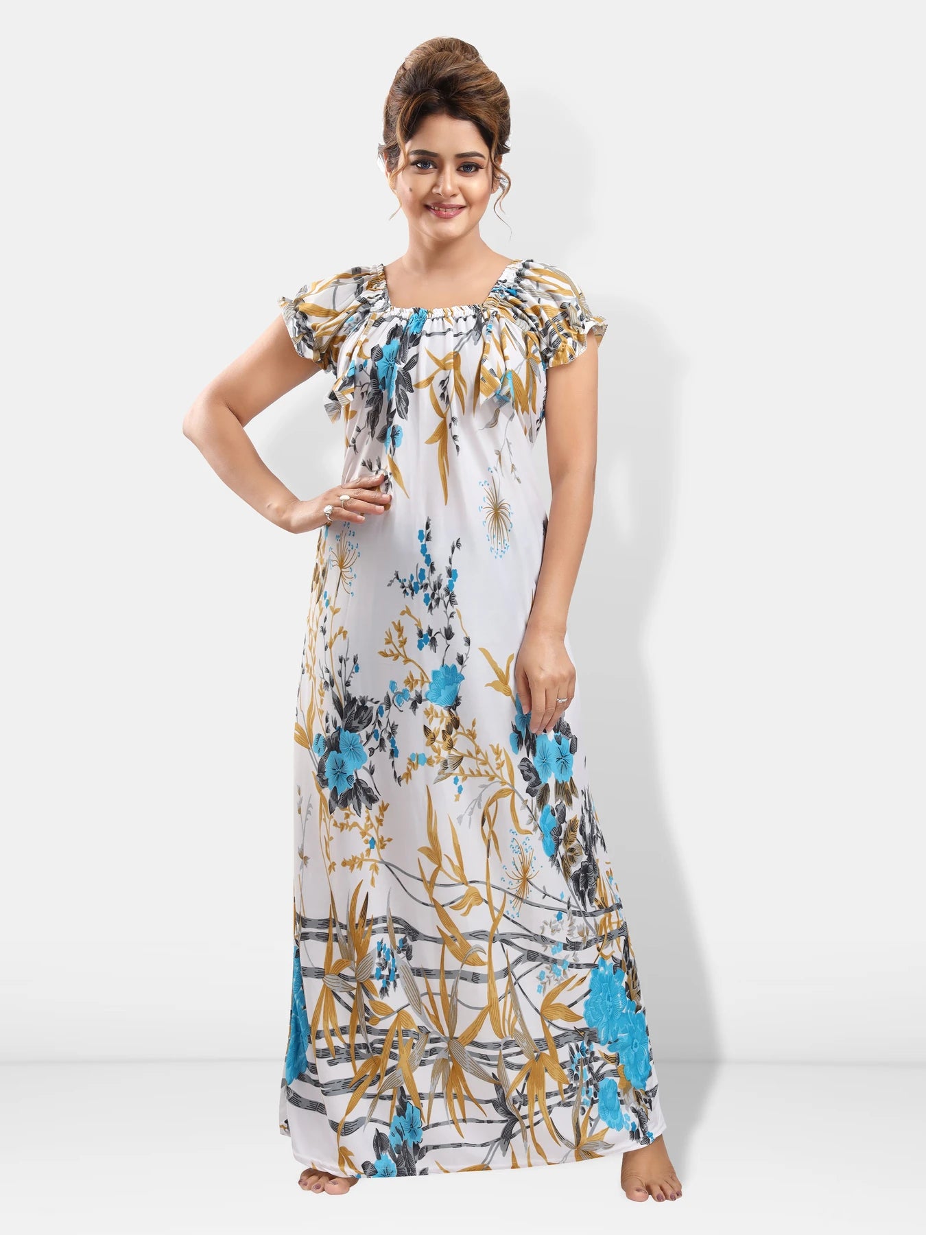 Blue floral satin night gown for women front view
