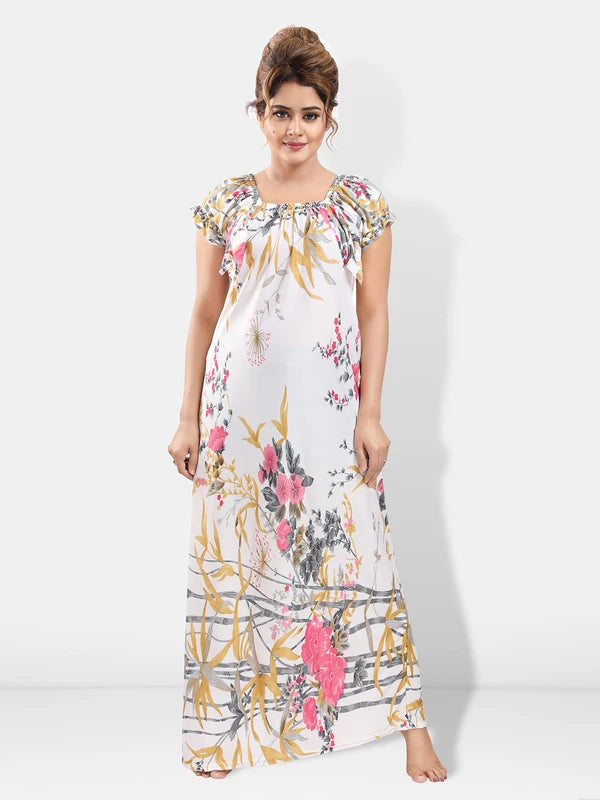 Women pink floral satin nighty front view
