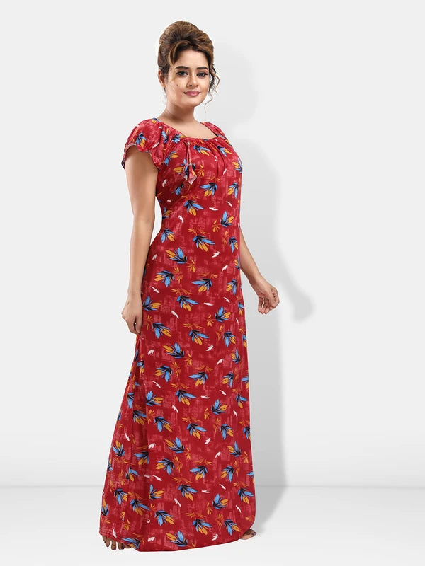Floral printed satin night gown side view
