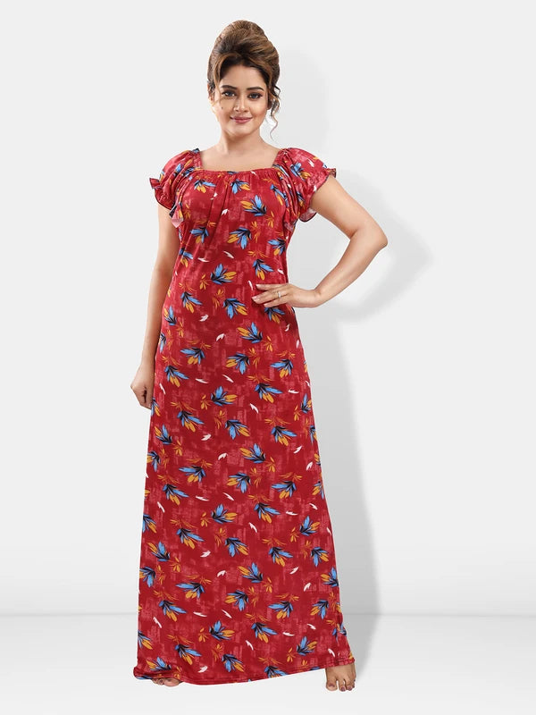 Women maroon floral satin nighty front view
