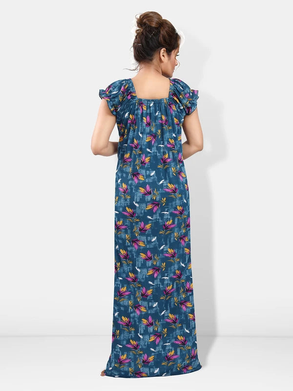 Back view of green floral satin night gown for women
