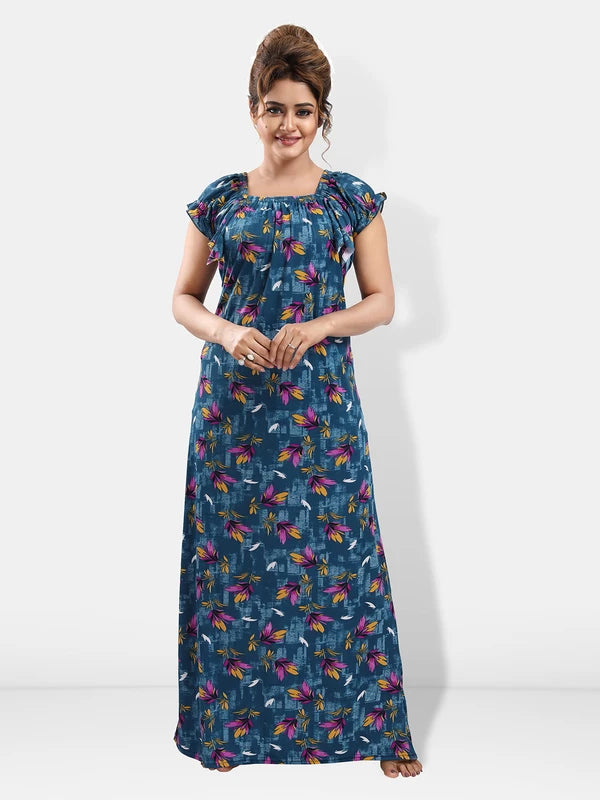 Green floral printed satin night gown for women front view
