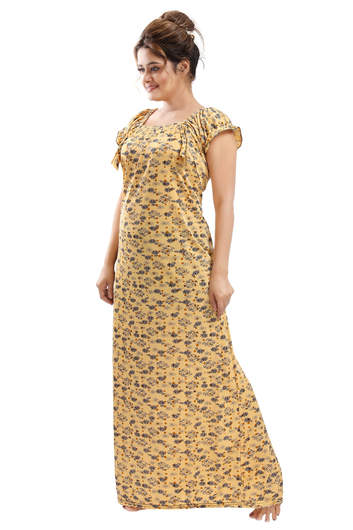 Yellow Sarina Satin Botanical Print Night Gown for Women