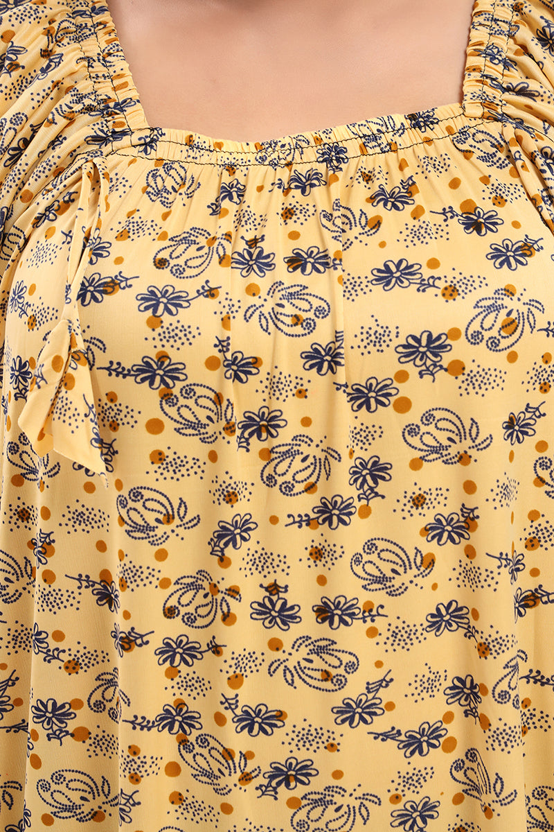 Yellow Sarina Satin Botanical Print Night Gown for Women