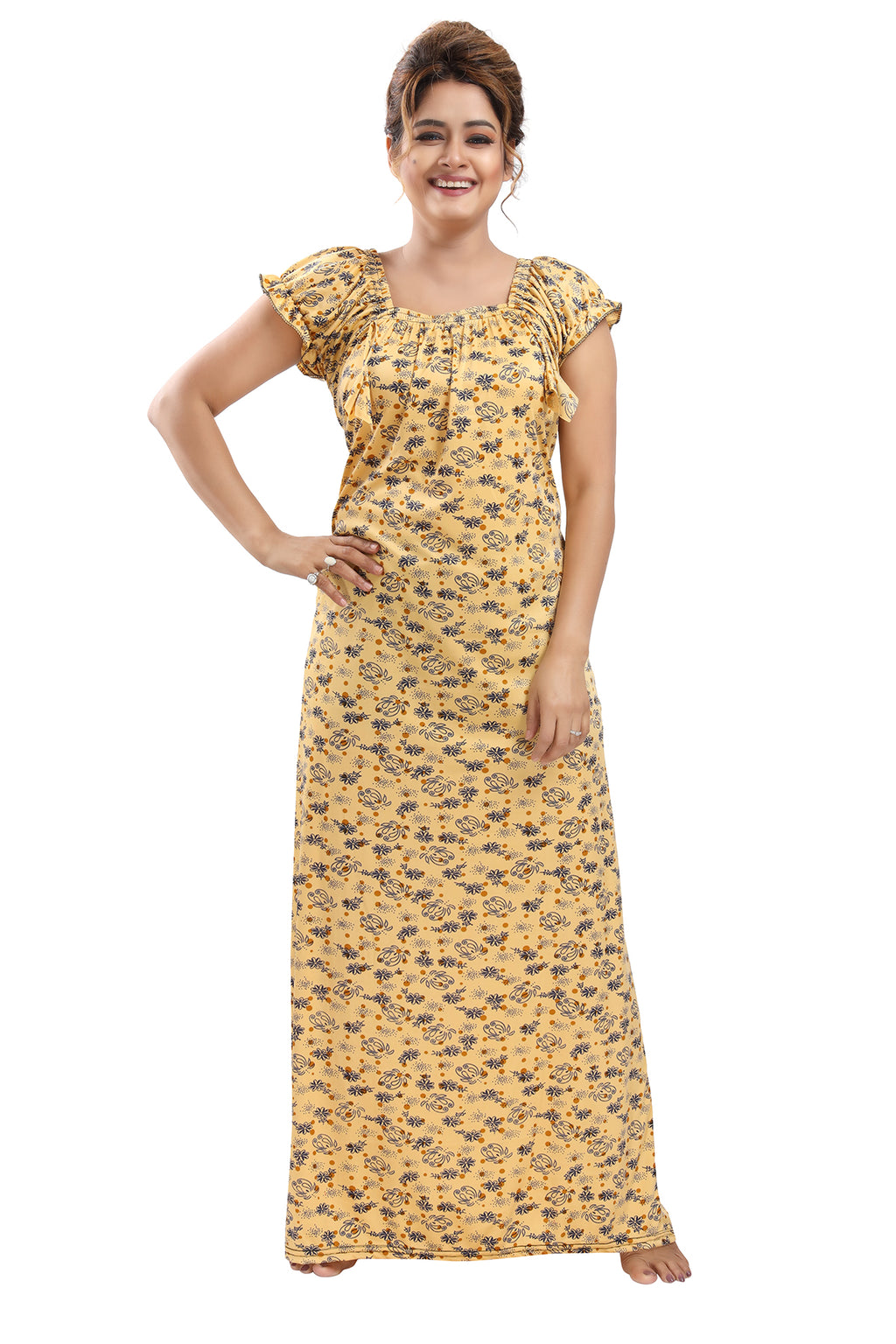 Yellow Sarina Satin Botanical Print Night Gown for Women